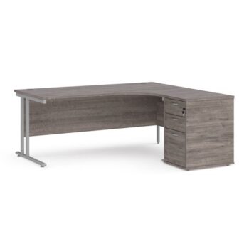 Maestro 25 right hand ergonomic desk 1800mm with silver cantilever frame and desk high pedestal grey oak - EBS18RGO