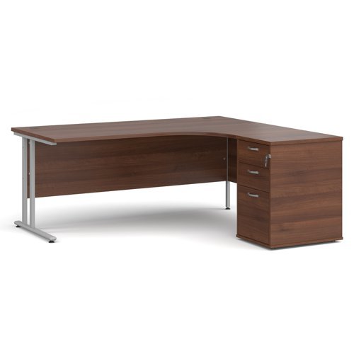 Maestro 25 right hand ergonomic desk 1800mm with silver cantilever frame and desk high pedestal walnut - EBS18RW