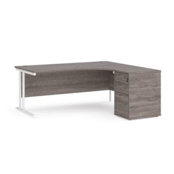 Maestro 25 right hand ergonomic desk 1800mm with white cantilever frame and desk high pedestal grey oak - EBWH18RGO