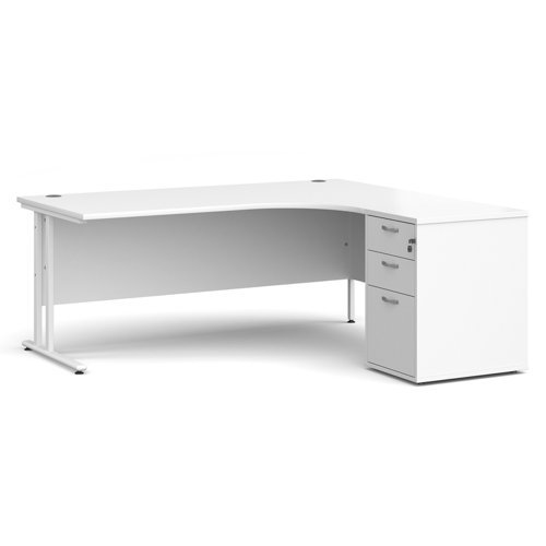 Maestro 25 right hand ergonomic desk 1800mm with white cantilever frame and desk high pedestal white - EBWH18RWH