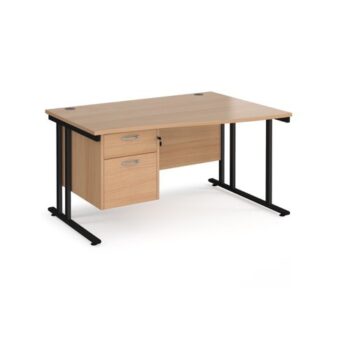 Maestro 25 right hand wave desk 1400mm wide with 2 drawer pedestal black cantilever leg frame beech top - MC14WRP2KB