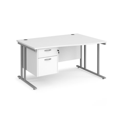 Maestro 25 right hand wave desk 1400mm wide with 2 drawer pedestal silver cantilever leg frame white top - MC14WRP2SWH