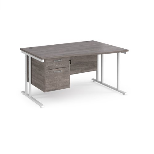 Maestro 25 right hand wave desk 1400mm wide with 2 drawer pedestal white cantilever leg frame grey oak top - MC14WRP2WHGO