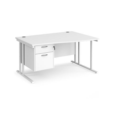 Maestro 25 right hand wave desk 1400mm wide with 2 drawer pedestal white cantilever leg frame white top - MC14WRP2WHWH