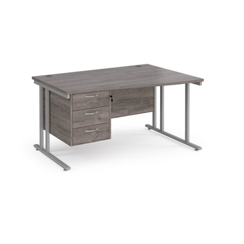 Maestro 25 right hand wave desk 1400mm wide with 3 drawer pedestal silver cantilever leg frame grey oak top - MC14WRP3SGO