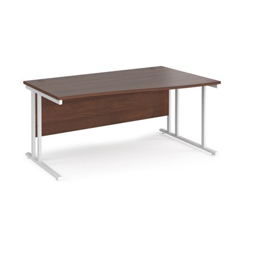 Maestro 25 right hand wave desk 1600mm wide white cantilever leg frame walnut top - MC16WRWHW