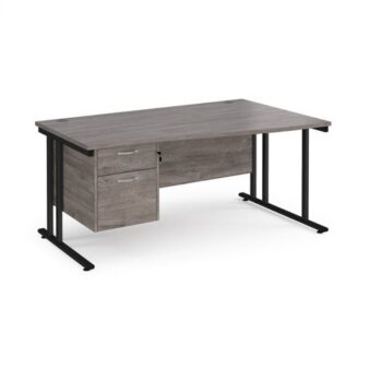 Maestro 25 right hand wave desk 1600mm wide with 2 drawer pedestal black cantilever leg frame grey oak top - MC16WRP2KGO