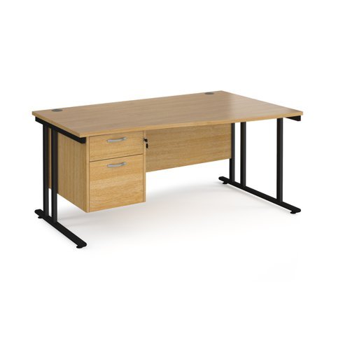 Maestro 25 right hand wave desk 1600mm wide with 2 drawer pedestal black cantilever leg frame oak top - MC16WRP2KO
