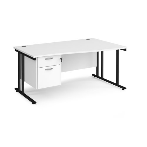 Maestro 25 right hand wave desk 1600mm wide with 2 drawer pedestal black cantilever leg frame white top - MC16WRP2KWH