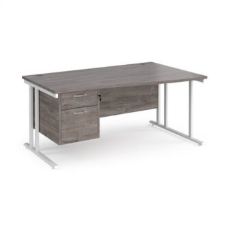 Maestro 25 right hand wave desk 1600mm wide with 2 drawer pedestal white cantilever leg frame grey oak top - MC16WRP2WHGO