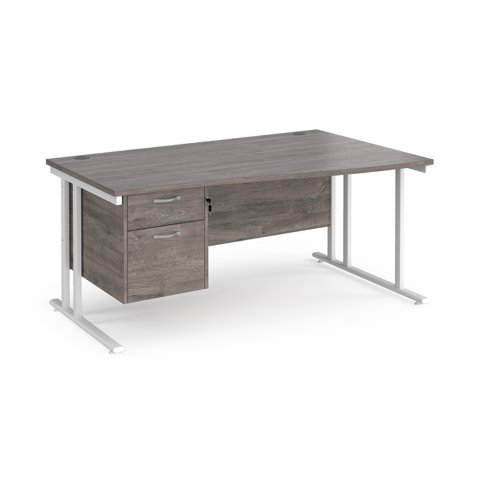 Maestro 25 right hand wave desk 1600mm wide with 2 drawer pedestal white cantilever leg frame grey oak top - MC16WRP2WHGO
