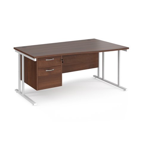 Maestro 25 right hand wave desk 1600mm wide with 2 drawer pedestal white cantilever leg frame walnut top - MC16WRP2WHW