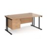 Maestro 25 right hand wave desk 1600mm wide with 3 drawer pedestal black cantilever leg frame beech top - MC16WRP3KB