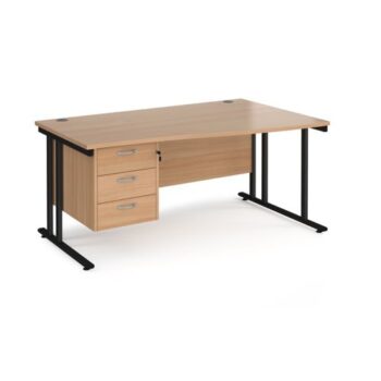Maestro 25 right hand wave desk 1600mm wide with 3 drawer pedestal black cantilever leg frame beech top - MC16WRP3KB