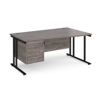 Maestro 25 right hand wave desk 1600mm wide with 3 drawer pedestal black cantilever leg frame grey oak top - MC16WRP3KGO