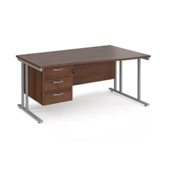 Maestro 25 right hand wave desk 1600mm wide with 3 drawer pedestal silver cantilever leg frame walnut top - MC16WRP3SW