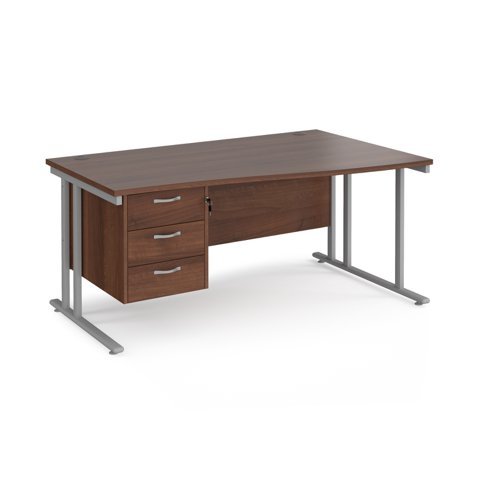 Maestro 25 right hand wave desk 1600mm wide with 3 drawer pedestal silver cantilever leg frame walnut top - MC16WRP3SW