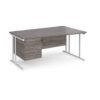 Maestro 25 right hand wave desk 1600mm wide with 3 drawer pedestal white cantilever leg frame grey oak top - MC16WRP3WHGO