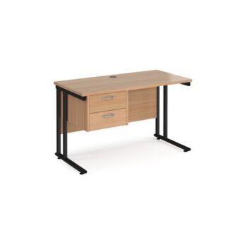 Maestro 25 straight desk 1200mm x 600mm with 2 drawer pedestal black cantilever leg frame beech top - MC612P2KB