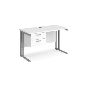 Maestro 25 straight desk 1200mm x 600mm with 2 drawer pedestal silver cantilever leg frame white top - MC612P2SWH