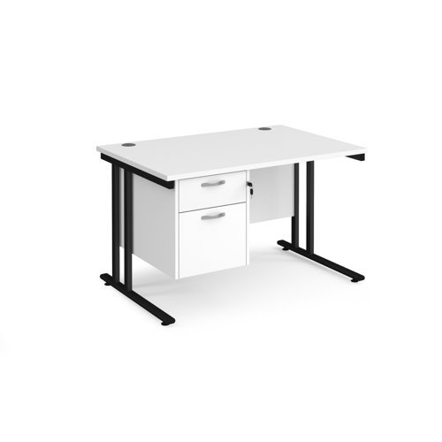 Maestro 25 straight desk 1200mm x 800mm with 2 drawer pedestal black cantilever leg frame white top - MC12P2KWH