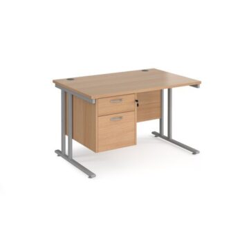 Maestro 25 straight desk 1200mm x 800mm with 2 drawer pedestal silver cantilever leg frame beech top - MC12P2SB
