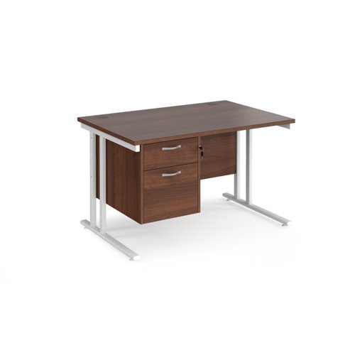 Maestro 25 straight desk 1200mm x 800mm with 2 drawer pedestal white cantilever leg frame walnut top - MC12P2WHW