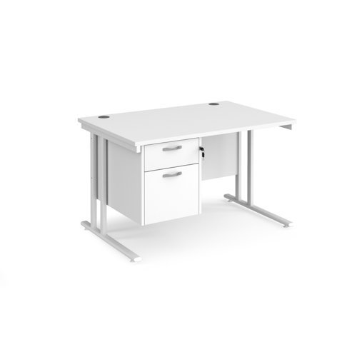 Maestro 25 straight desk 1200mm x 800mm with 2 drawer pedestal white cantilever leg frame white top - MC12P2WHWH