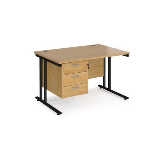 Maestro 25 straight desk 1200mm x 800mm with 3 drawer pedestal black cantilever leg frame oak top - MC12P3KO