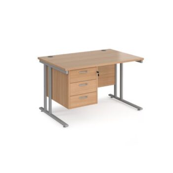 Maestro 25 straight desk 1200mm x 800mm with 3 drawer pedestal silver cantilever leg frame beech top - MC12P3SB