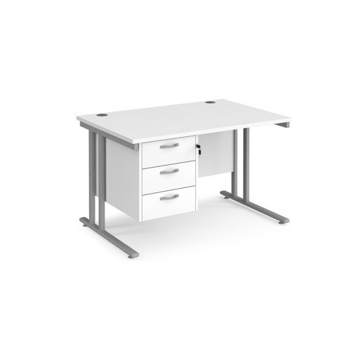 Maestro 25 straight desk 1200mm x 800mm with 3 drawer pedestal silver cantilever leg frame white top - MC12P3SWH