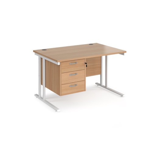 Maestro 25 straight desk 1200mm x 800mm with 3 drawer pedestal white cantilever leg frame beech top - MC12P3WHB