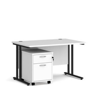 Maestro 25 straight desk 1200mm x 800mm with black cantilever frame and 2 drawer pedestal white - SBK212WH