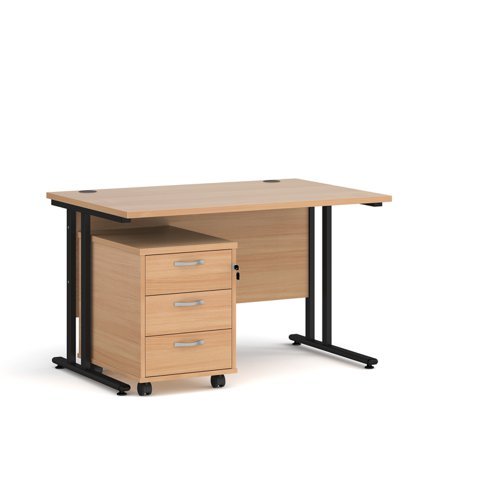 Maestro 25 straight desk 1200mm x 800mm with black cantilever frame and 3 drawer pedestal beech - SBK312B
