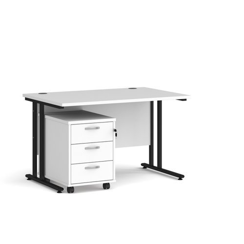 Maestro 25 straight desk 1200mm x 800mm with black cantilever frame and 3 drawer pedestal white - SBK312WH