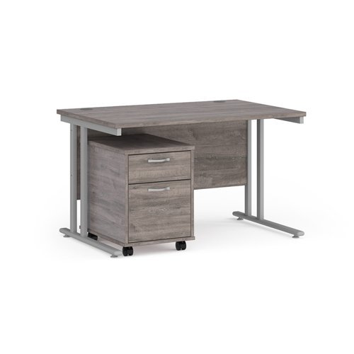 Maestro 25 straight desk 1200mm x 800mm with silver cantilever frame and 2 drawer pedestal grey oak - SBS212GO