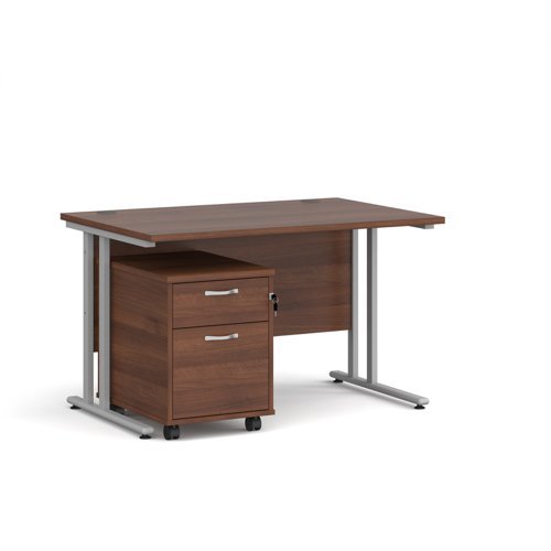 Maestro 25 straight desk 1200mm x 800mm with silver cantilever frame and 2 drawer pedestal walnut - SBS212W