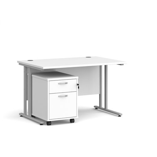 Maestro 25 straight desk 1200mm x 800mm with silver cantilever frame and 2 drawer pedestal white - SBS212WH