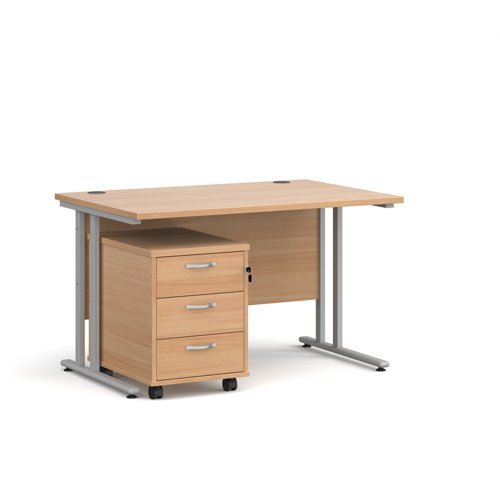Maestro 25 straight desk 1200mm x 800mm with silver cantilever frame and 3 drawer pedestal beech - SBS312B