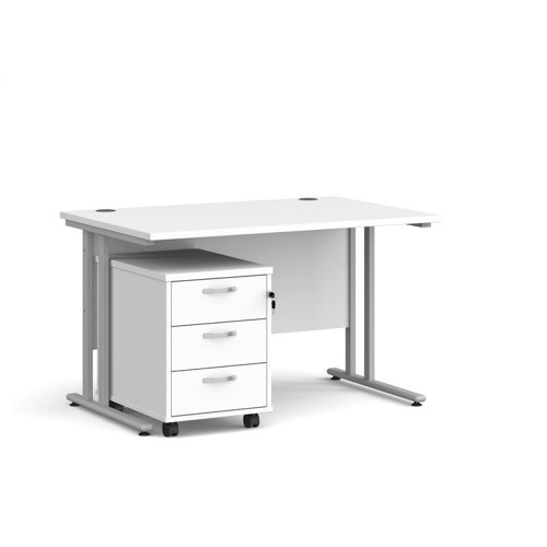 Maestro 25 straight desk 1200mm x 800mm with silver cantilever frame and 3 drawer pedestal white - SBS312WH
