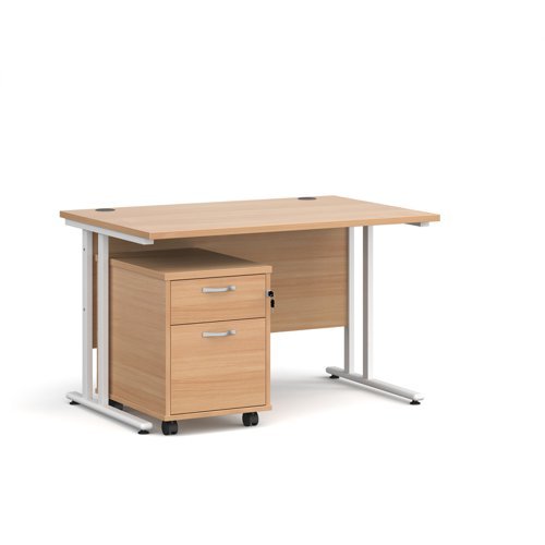 Maestro 25 straight desk 1200mm x 800mm with white cantilever frame and 2 drawer pedestal beech - SBWH212B
