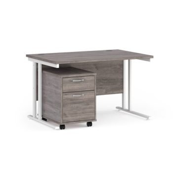 Maestro 25 straight desk 1200mm x 800mm with white cantilever frame and 2 drawer pedestal grey oak - SBWH212GO