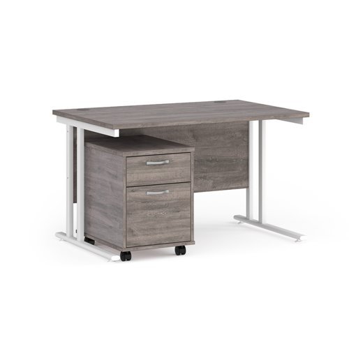Maestro 25 straight desk 1200mm x 800mm with white cantilever frame and 2 drawer pedestal grey oak - SBWH212GO