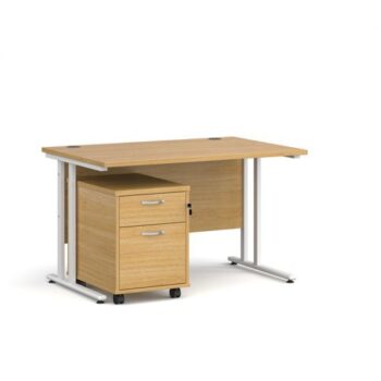 Maestro 25 straight desk 1200mm x 800mm with white cantilever frame and 2 drawer pedestal oak - SBWH212O