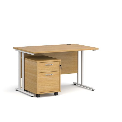Maestro 25 straight desk 1200mm x 800mm with white cantilever frame and 2 drawer pedestal oak - SBWH212O