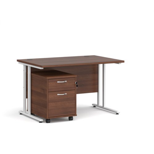 Maestro 25 straight desk 1200mm x 800mm with white cantilever frame and 2 drawer pedestal walnut - SBWH212W
