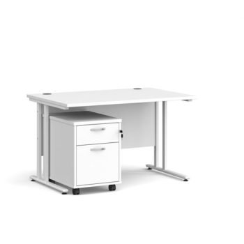 Maestro 25 straight desk 1200mm x 800mm with white cantilever frame and 2 drawer pedestal white - SBWH212WH