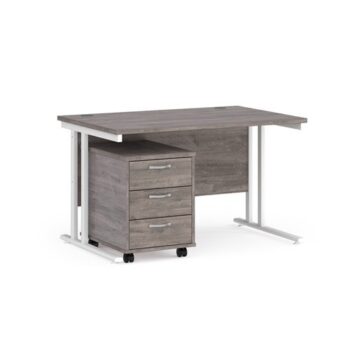 Maestro 25 straight desk 1200mm x 800mm with white cantilever frame and 3 drawer pedestal grey oak - SBWH312GO