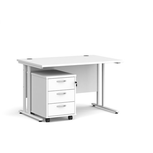 Maestro 25 straight desk 1200mm x 800mm with white cantilever frame and 3 drawer pedestal white - SBWH312WH