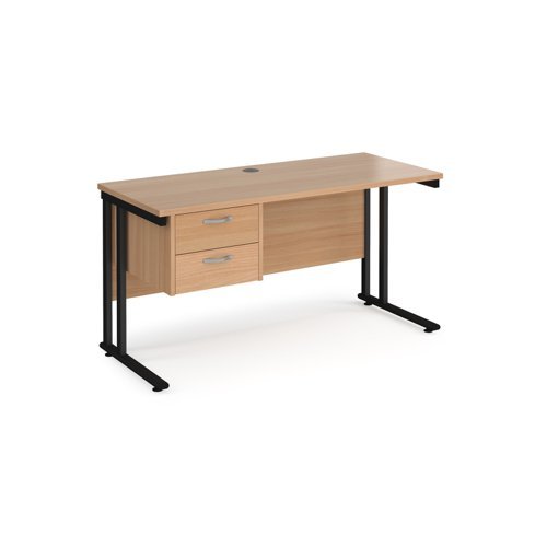 Maestro 25 straight desk 1400mm x 600mm with 2 drawer pedestal black cantilever leg frame beech top - MC614P2KB